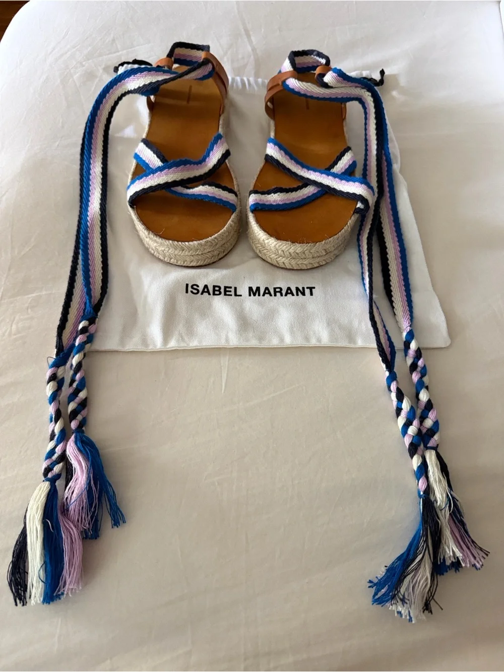 Isabel Marant Blue, Pink & White Striped Espadrille Wedge Sandals